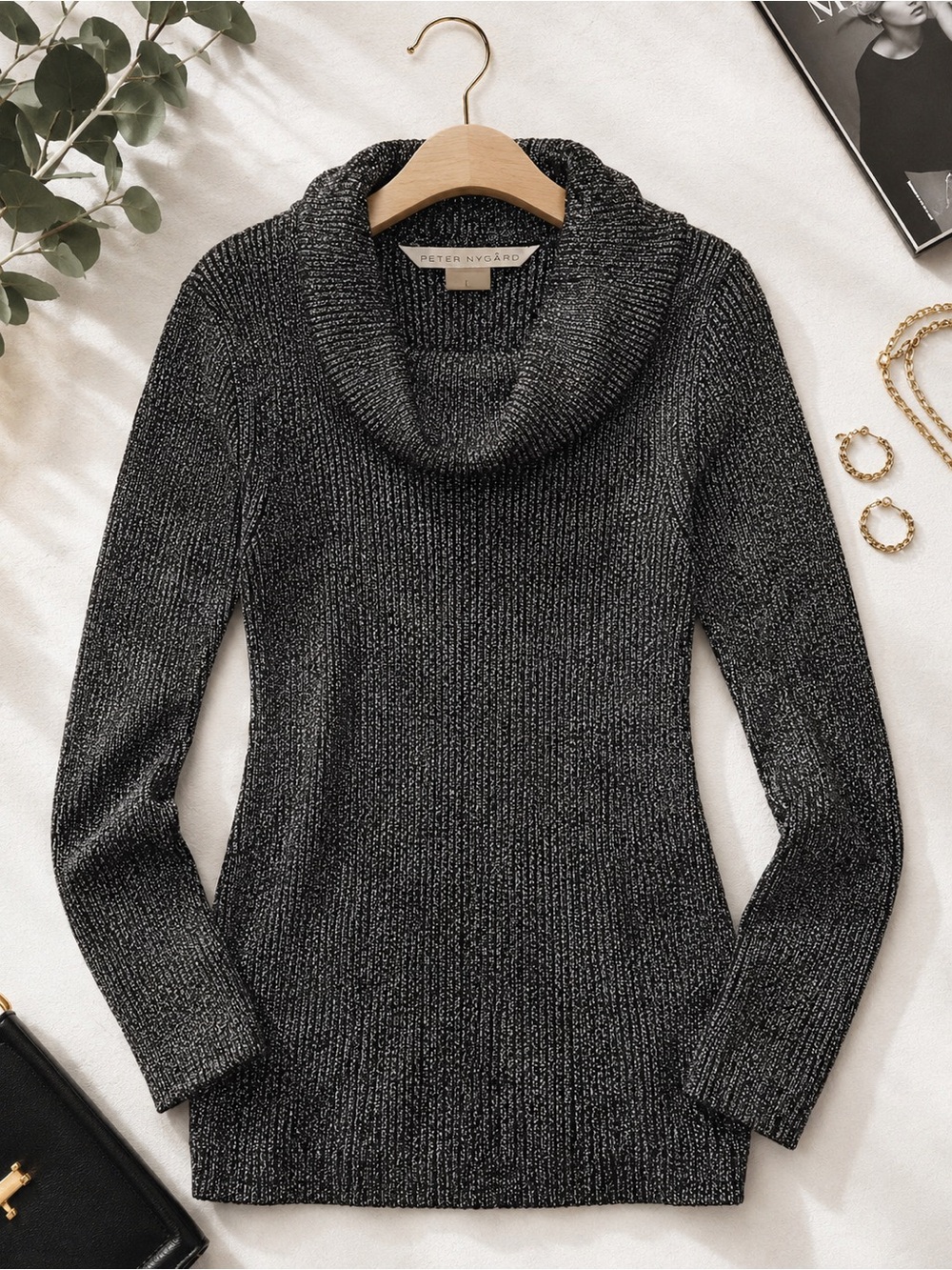 Peter Nygård Metallic Silver Black Cowl Neck Sweater Tunic Size L